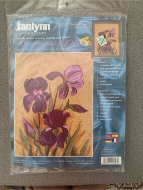 Vintage Janlynn Needlepoint Floral Iris Canvas - Purple Flowers on Tan
